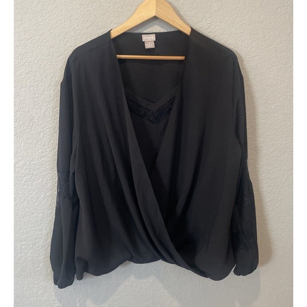 CHICO'S Women's Polyester Blouse Overlay Lace Trim Black 3 - XL Long Sleeve Boho